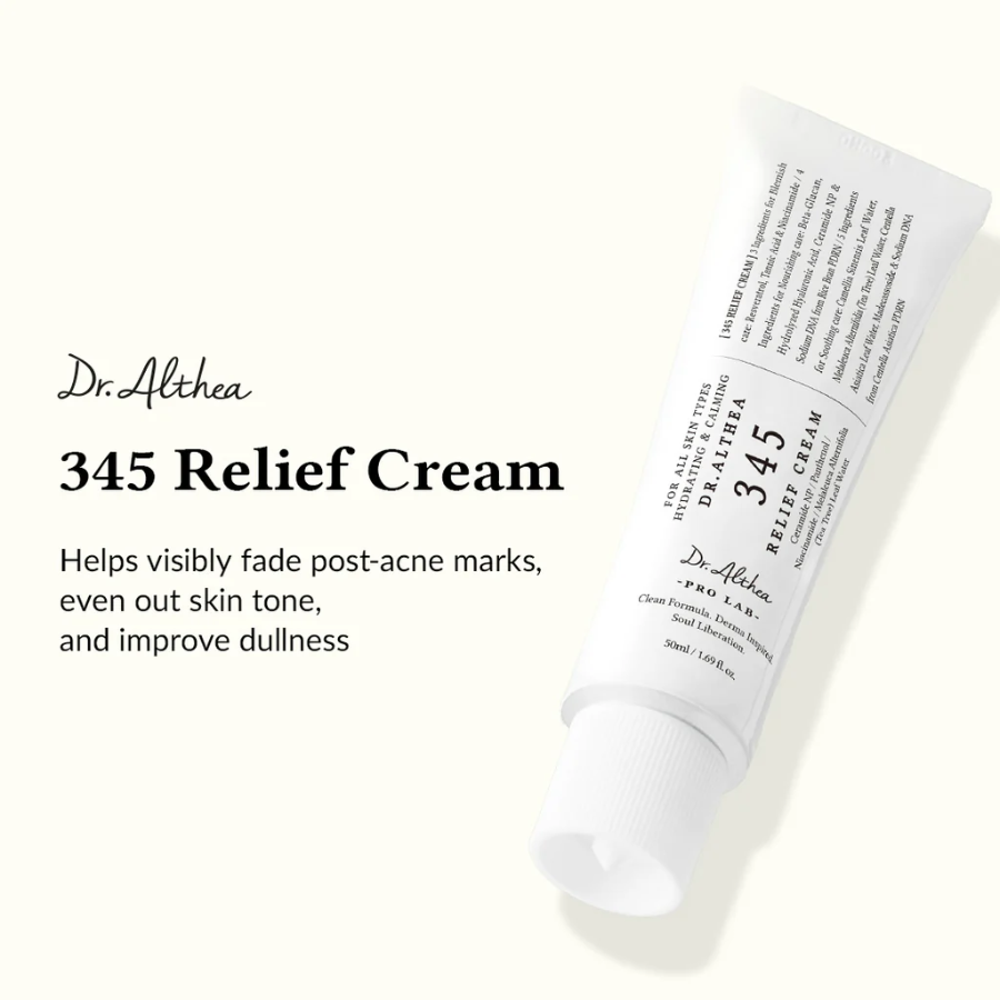 Redningscreme mod post-akne mærker, ensartet hudtone og forbedret træthed med Dr. Althea 345 Relief Cream.
