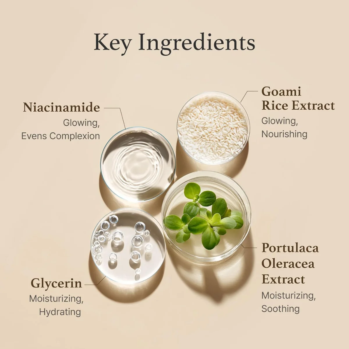 Nøgleingredienser til hudpleje: Niacinamide, Glycerin, Goami Risekstrakt, Portulaca Oleracea Ekstrakt - fugtgivende, beroligende og nærende ingredienser til sundere hud.