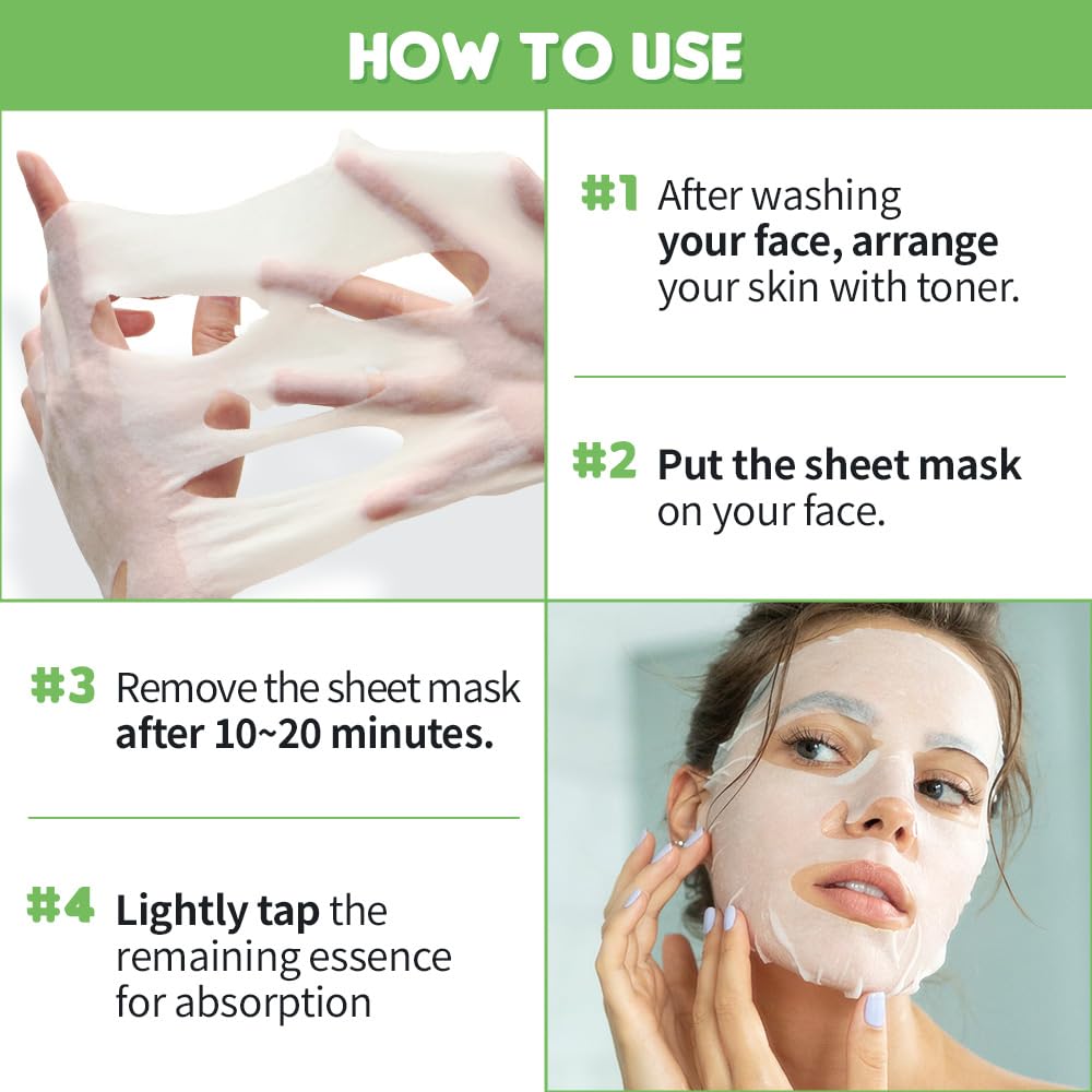 Forydelig ansigtssheet-mask på en kvindes ansigt, brugt som en del af hudplejerutine for rensning og fugtgivning, wellness, skønhedsbehandling, ansigtspleje, antimokkainng, hudpleje produkter, skønheds behandlinger, hudpleje rutine.