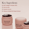 Fedt, rød kollagen serum i lyserød krukke, målrettet til hudpleje, med ingredienser som retinol, hyaluronsyre og peptider, der fremmer hudens elasticitet og glød.