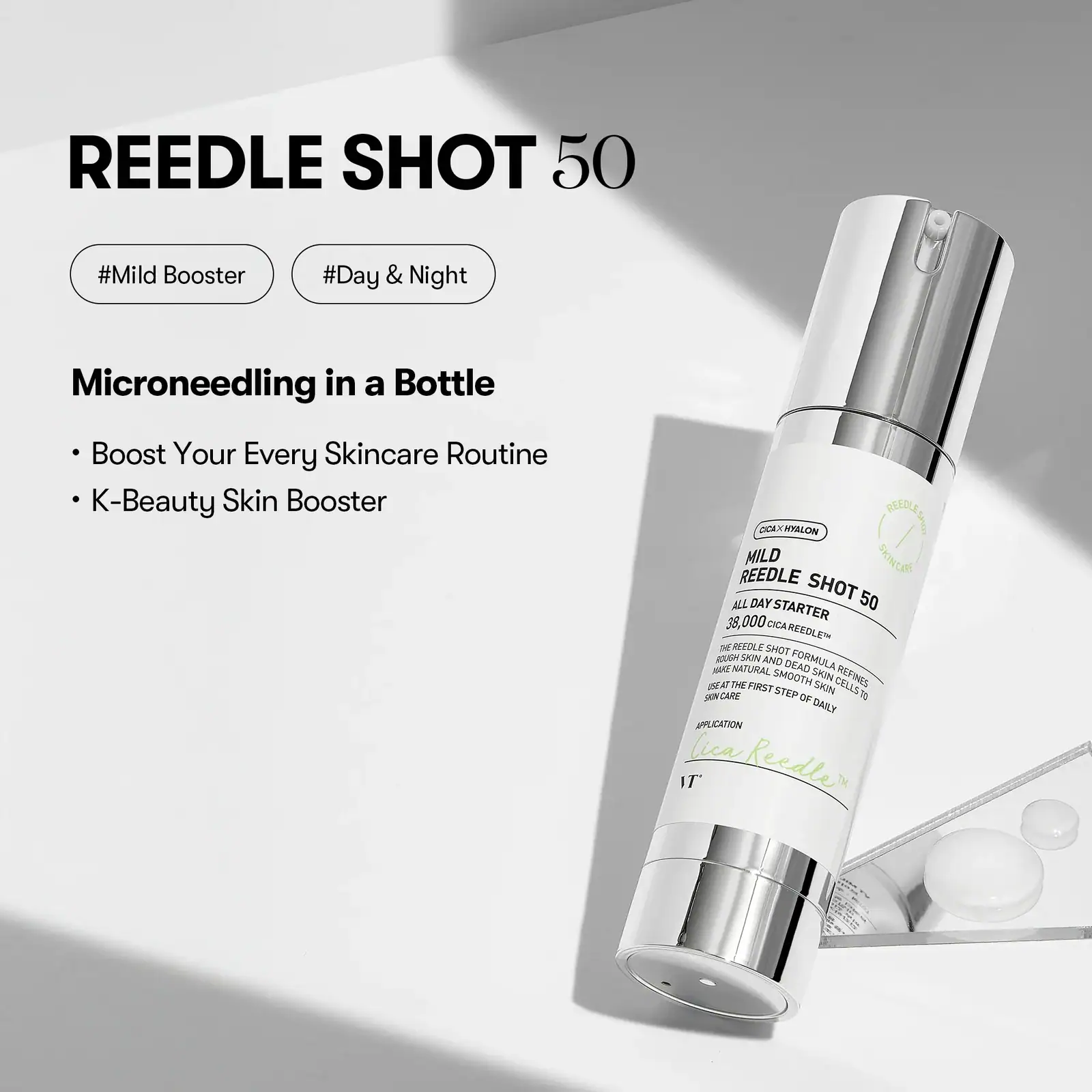 VT Cosmetics - Reedle Shot 50 50 ml Reedle Shot 50 - Mild hudpleje serum med CICA og hyaluronsyre til daglig brug, forbedrer hudens struktur. Ideel til alle hudtyper, specielt trætte og irriterede hudtilstande.
