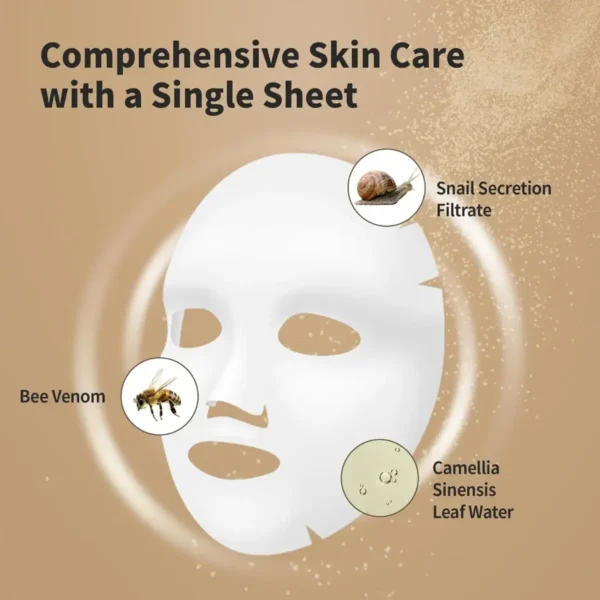 Uthegn:: Udsnit af billedet der viser en ansigtsskadet maske med ingredienser til hudpleje, herunder sneglesekretion, biegift og kamelia bladvand. Afsnit: Beskrivelse af avancerede hudplejeingredienser til pleje og behandling af huden.