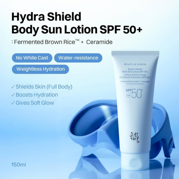 Hydra Shield Body Sun Lotion SPF 50+ med fermenteret brunt ris og ceramide, vandresistent og uden hvidt lag, giver blød hud og beskyttelse mod solen.