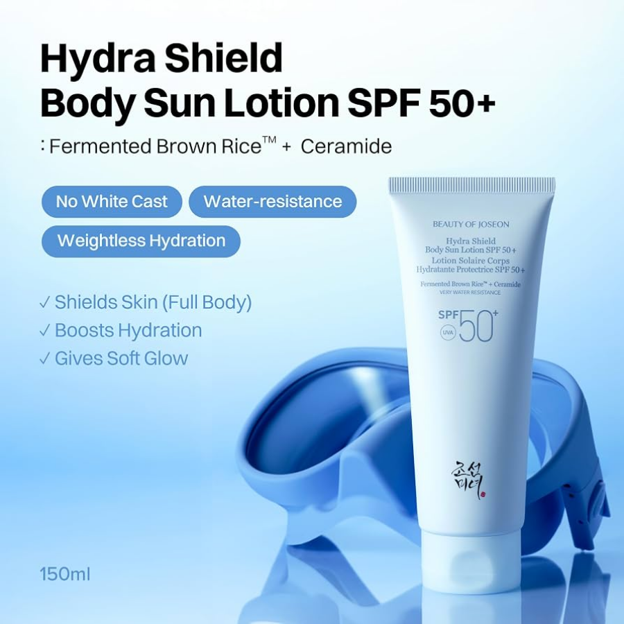 Hydra Shield Body Sun Lotion SPF 50+ med fermenteret brunt ris og ceramide, vandresistent og uden hvidt lag, giver blød hud og beskyttelse mod solen.