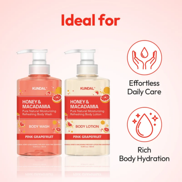 Kundal Honey & Macadamia kropspleje sæt med body wash og body lotion med pink grapefrugt, ideelt til daglig pleje og hydrering.
