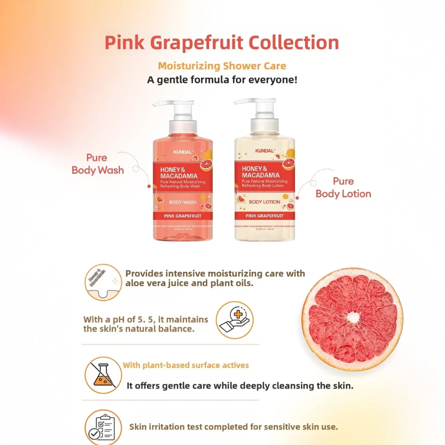 Pink Grapefruit Collection med fugtgivende shower care fra Myskin, inklusive body wash og body lotion med aloe vera og plantebaserede aktive ingredienser.